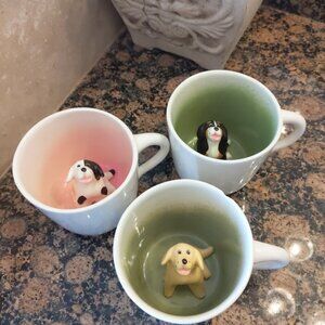 Set of 3 Sarah Spademann Ceramic Mugs With Surprise Dog Inside Coffee Tea 12oz